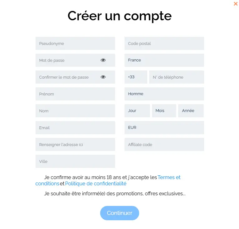 Processus d'inscription RANT CASINO